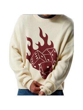 NWT Pacsun Dice Sweater Size large Cream Flaming MSRP $74.95